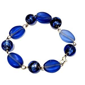 Vintage 9" Silver Tone & Blue Glass Beaded Bracelet